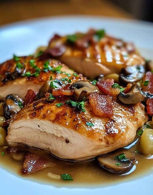 Plat d'émincés de poulet à la moutarde, lardons et champignons servi chaud.