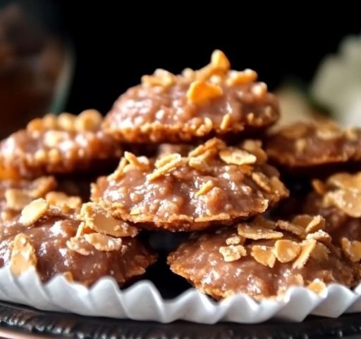 Roses des sables au chocolat noir et cornflakes, servies sur une assiette blanche.