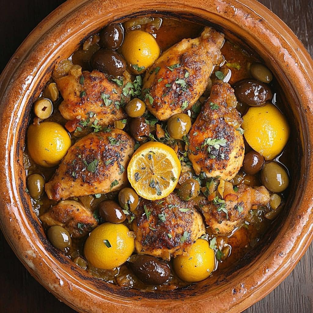 Un tajine fumant de poulet au citron confit et olives, prêt à être servi.