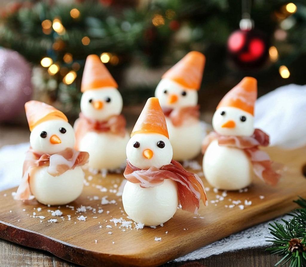 Bonhommes de neige en mozzarella et jambon cru avec décorations festives.