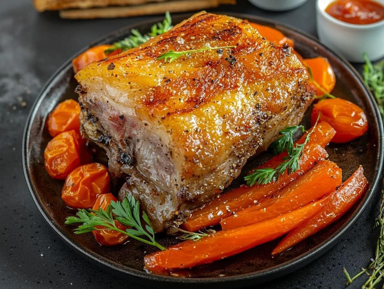 Une épaule de porc rôtie entourée de légumes colorés, servie dans un plat rustique.