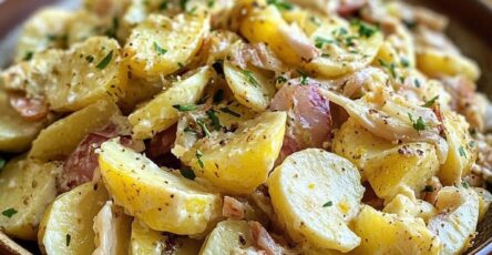 Une assiette appétissante de salade de pommes de terre à la moutarde.