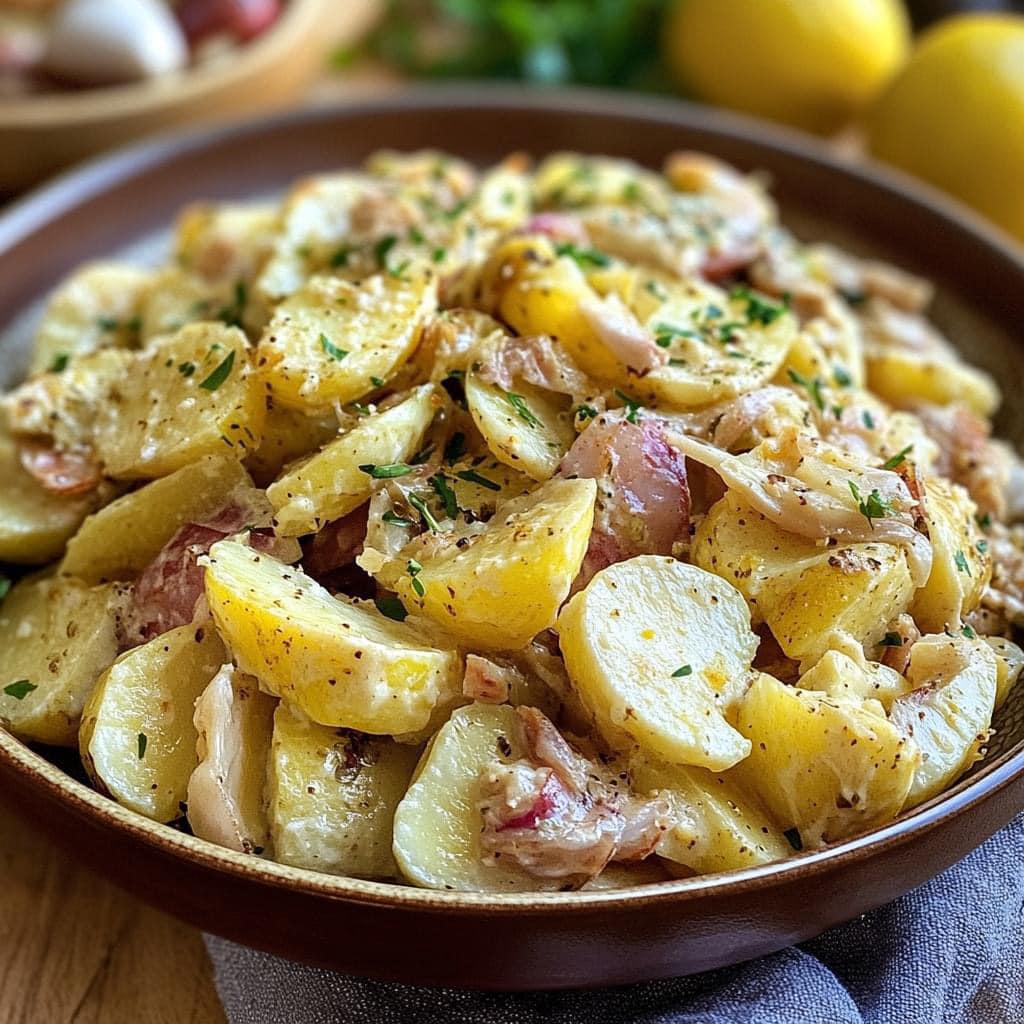 Une assiette appétissante de salade de pommes de terre à la moutarde.