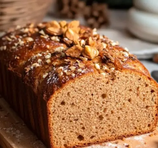 Pain d'épices de Noël doré avec une tranche coupée révélant des fruits confits et une texture moelleuse.