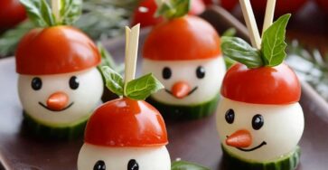 Bonhommes de neige en mozzarella et tomates avec basilic et olives, décorés pour une table de fête.