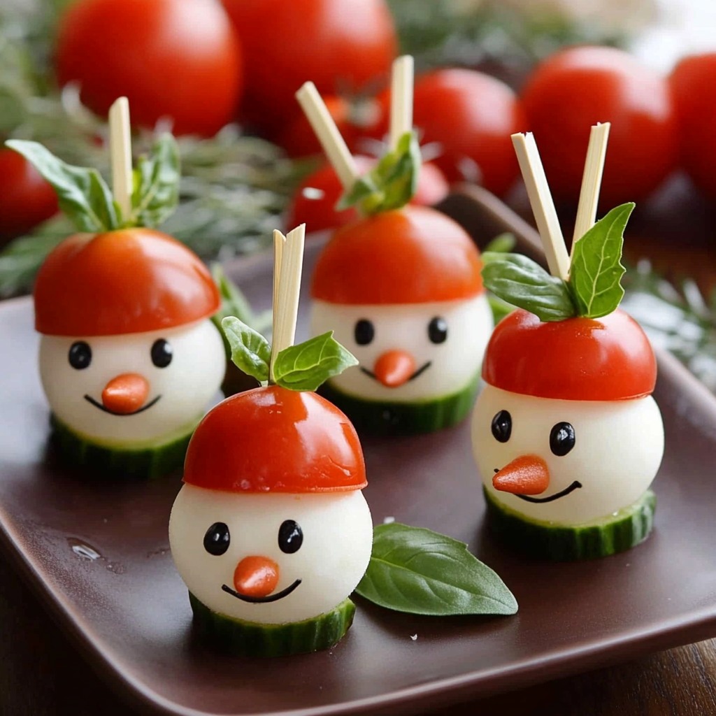 Bonhommes de neige en mozzarella et tomates avec basilic et olives, décorés pour une table de fête.