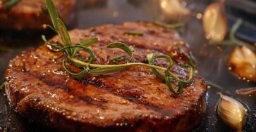 Steaks grillés à l'ail et au romarin, dorés et servis avec une garniture de légumes.