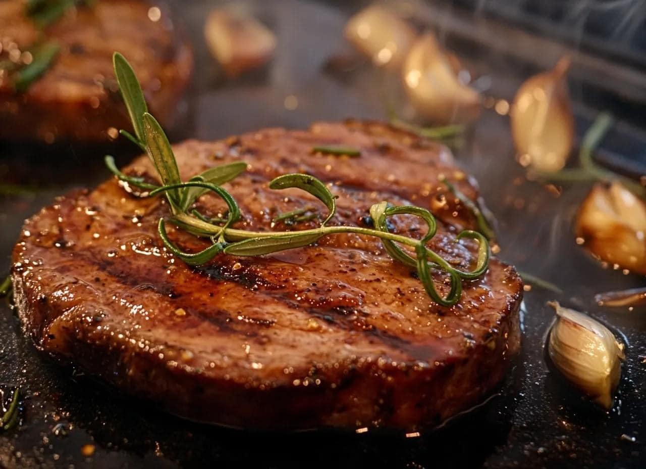 Steaks grillés à l'ail et au romarin, dorés et servis avec une garniture de légumes.