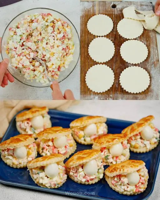 Mini-bouchées festives au surimi et œufs de caille sur un plateau décoré pour un apéritif.