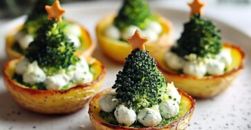 Pommes de terre farcies en forme de sapins de Noël, décorées avec brocolis et étoiles en carottes.