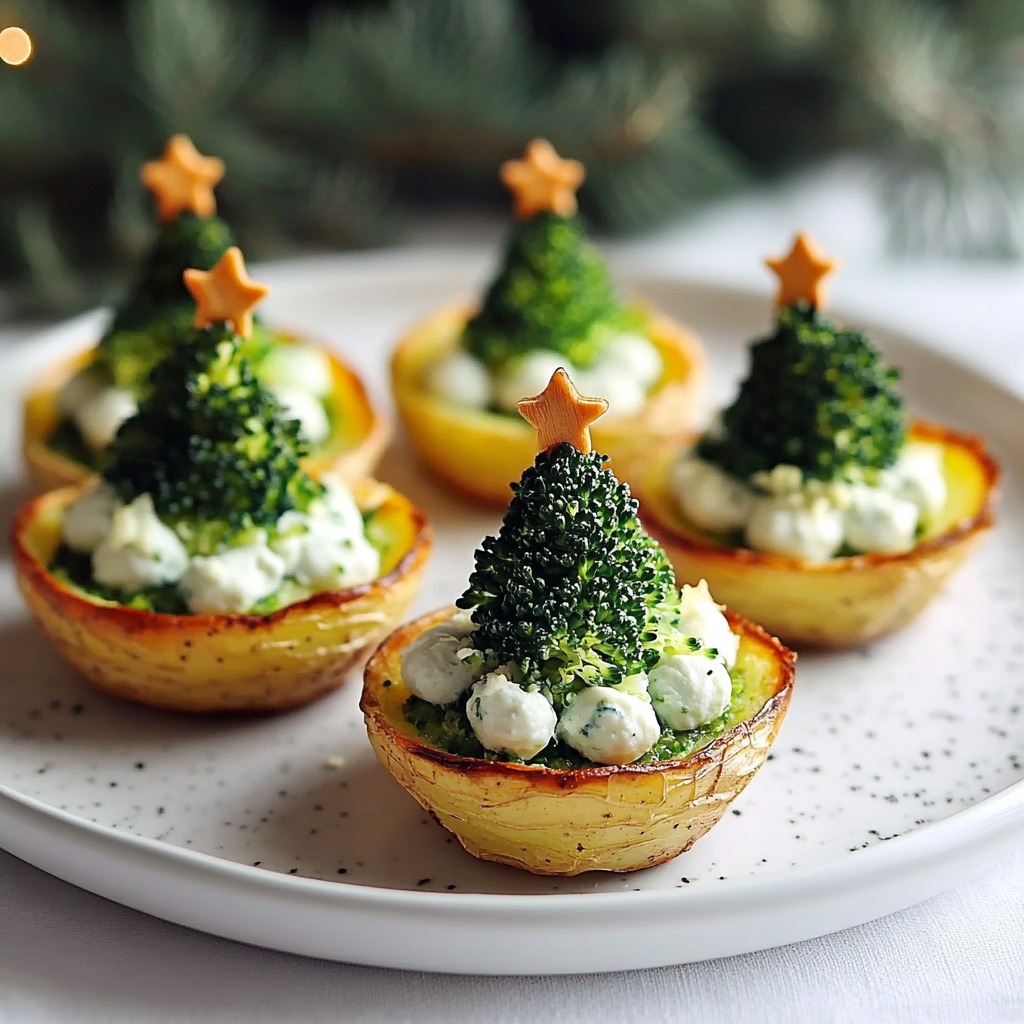 Pommes de terre farcies en forme de sapins de Noël, décorées avec brocolis et étoiles en carottes.