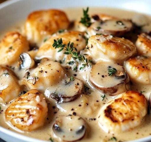 Une blanquette de Saint-Jacques et champignons servie dans une assiette élégante avec du persil frais et du riz basmati.