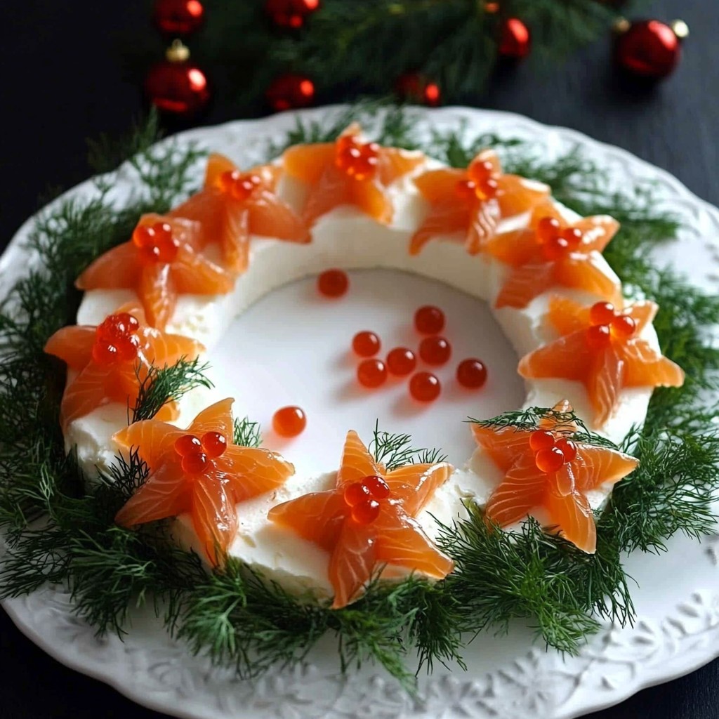 Couronne festive au fromage et saumon fumé, décorée avec œufs de saumon, aneth et crackers autour.