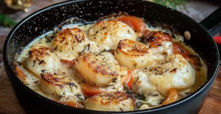 Cassolette de Saint-Jacques gratinée, garnie de persil frais et servie dans des cassolettes individuelles, avec des légumes et une sauce crémeuse.