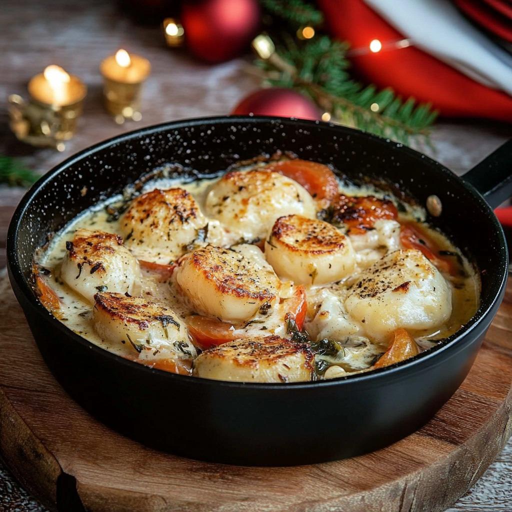 Cassolette de Saint-Jacques gratinée, garnie de persil frais et servie dans des cassolettes individuelles, avec des légumes et une sauce crémeuse.