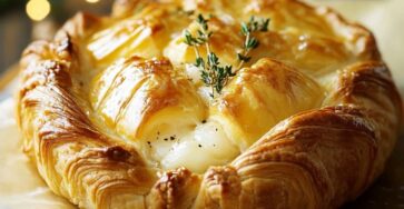 Feuilleté de Saint-Jacques doré avec du fromage fondant, décoré de thym frais, servi sur une assiette avec salade.