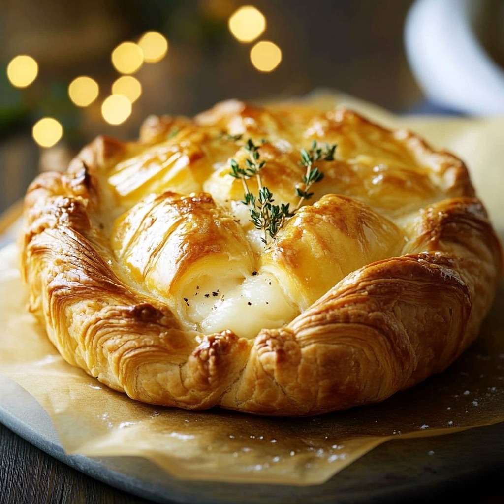 Feuilleté de Saint-Jacques doré avec du fromage fondant, décoré de thym frais, servi sur une assiette avec salade.