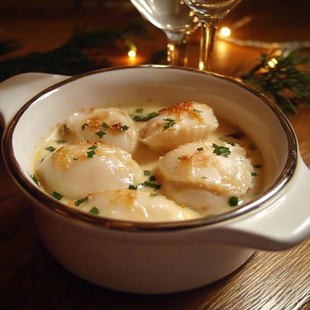 Gratin de Saint-Jacques à la crème avec fromage doré, servi dans un ramequin décoré de persil frais.