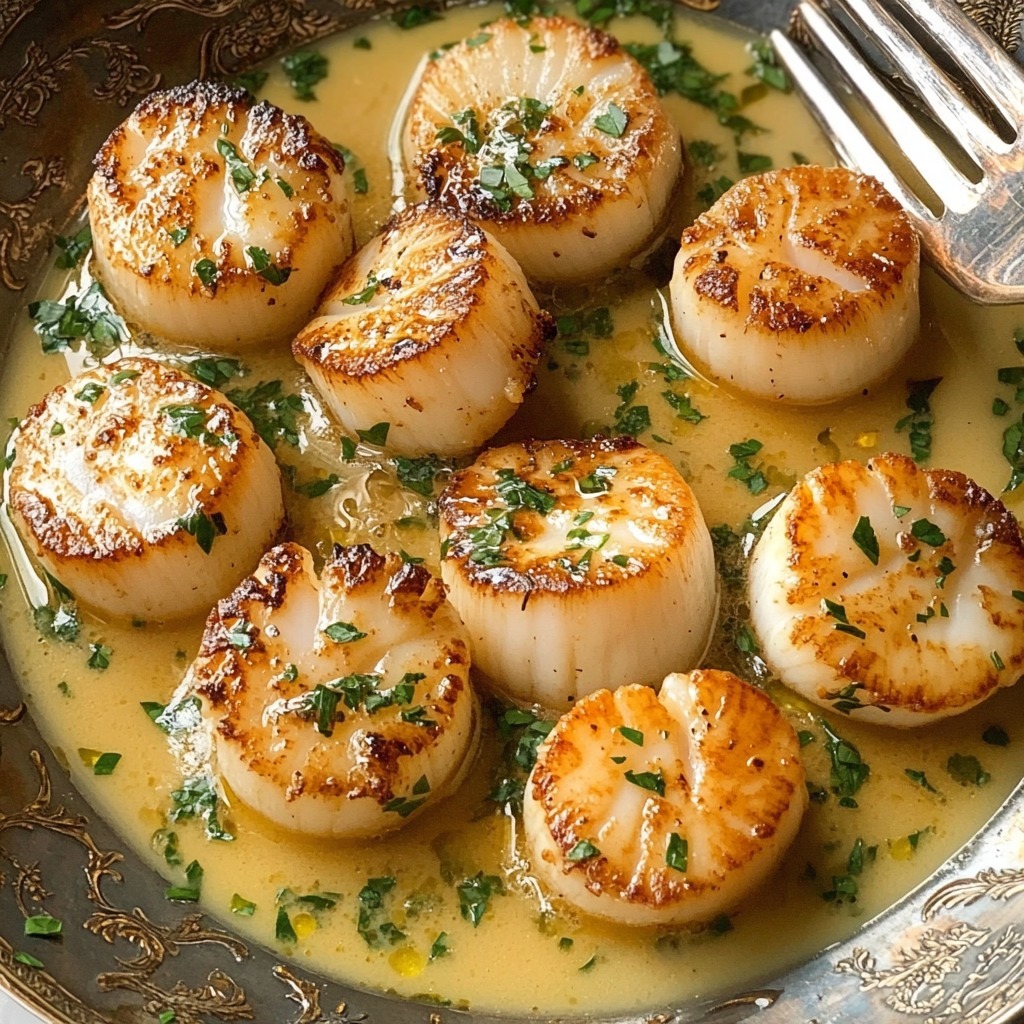 Noix de Saint-Jacques poêlées et caramélisées avec beurre citronné et persil frais.