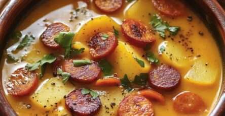 Bol de soupe réconfortante à la patate douce et au chorizo avec garniture de chips de chorizo.