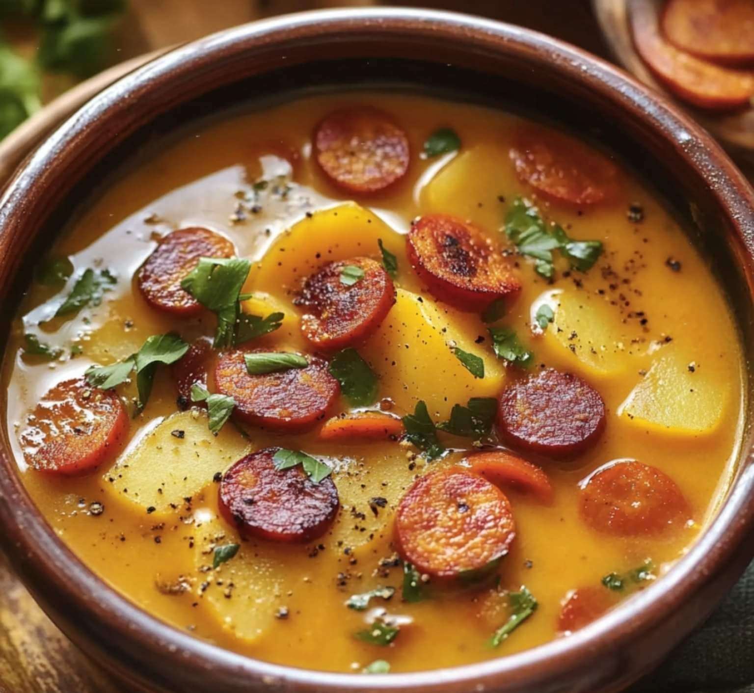 Bol de soupe réconfortante à la patate douce et au chorizo avec garniture de chips de chorizo.