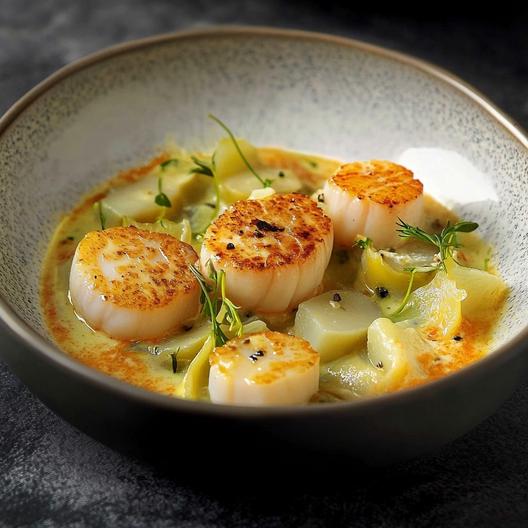 Saint-Jacques poêlées avec une sauce au vin et à l'orange servies avec des légumes vapeur, décorées de zestes d'orange et herbes fraîches.