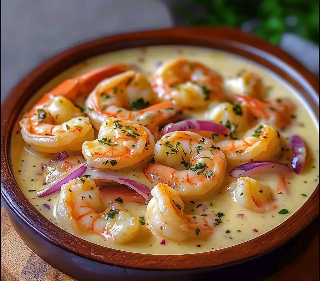 Crevettes en sauce crémeuse à l'ail et au citron, servies avec du persil frais.