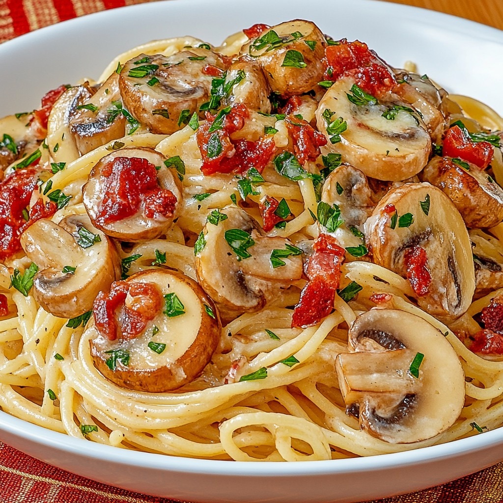 Spaghetti à la carbonara avec lard fumé et champignons sauvages, garnis de persil frais.