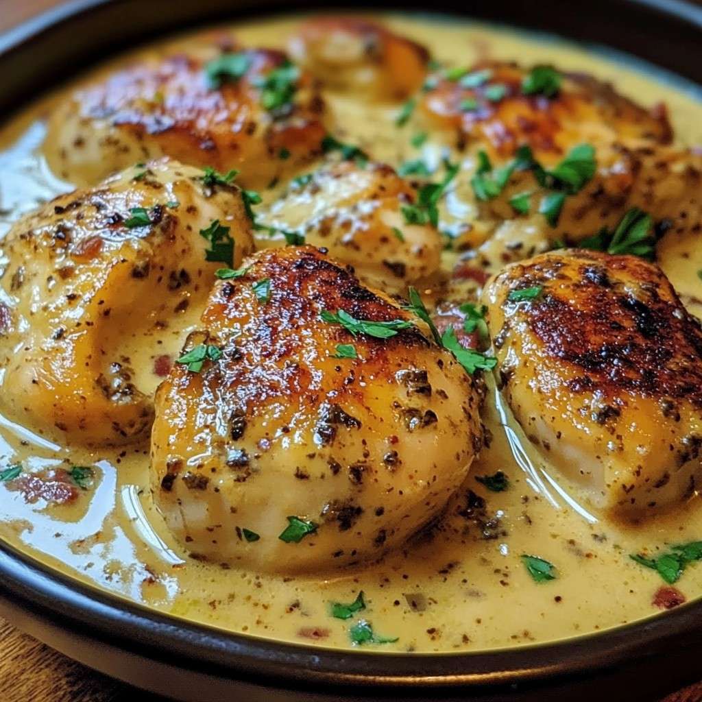 Poulet à la moutarde nappé de sauce crémeuse avec persil frais.