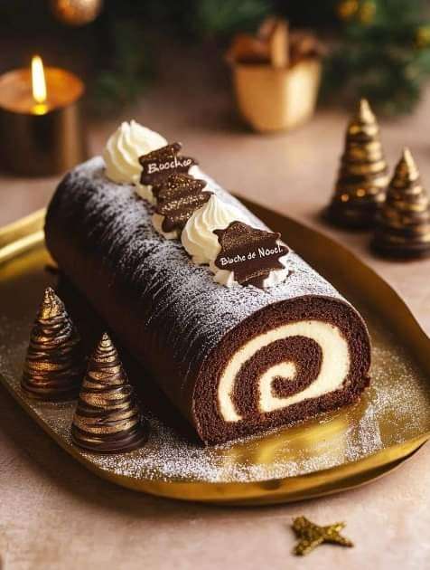 Bûche de Noël au chocolat avec crème mascarpone vanille décorée pour les fêtes.