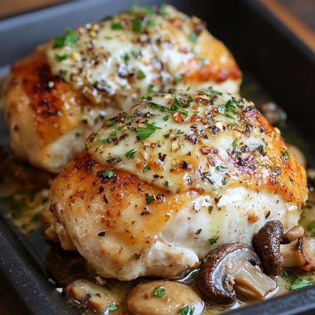 Filets de Poulet Farcis aux Champignons et Fromage, dorés et appétissants, servis avec des légumes rôtis.