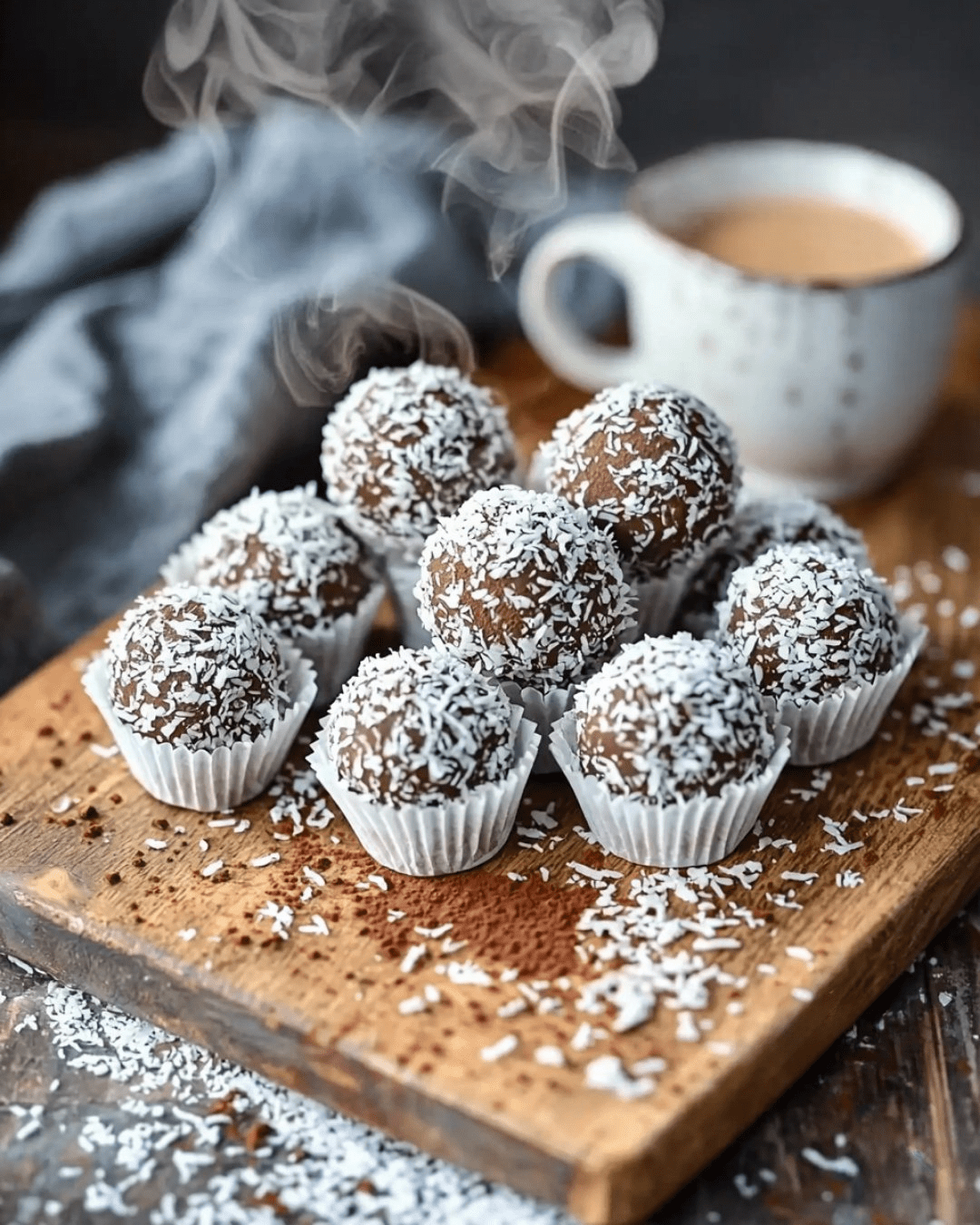 Chokladbollar suédoises enrobées de noix de coco râpée, prêtes à être dégustées. Ces petites boules au chocolat sont une douceur irrésistible.