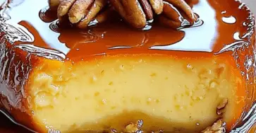 Flan crémeux à la vanille garni de noix de pécan caramélisées, un dessert sucré et délicieux pour les amateurs de douceurs gourmandes.