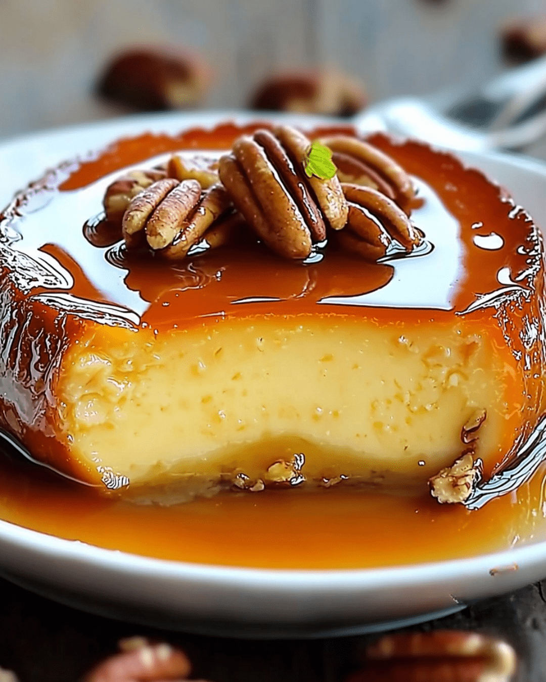 Flan crémeux à la vanille garni de noix de pécan caramélisées, un dessert sucré et délicieux pour les amateurs de douceurs gourmandes.