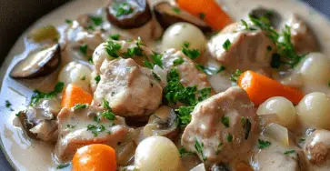 Blanquette de veau classique, plat français traditionnel avec légumes et sauce crémeuse.