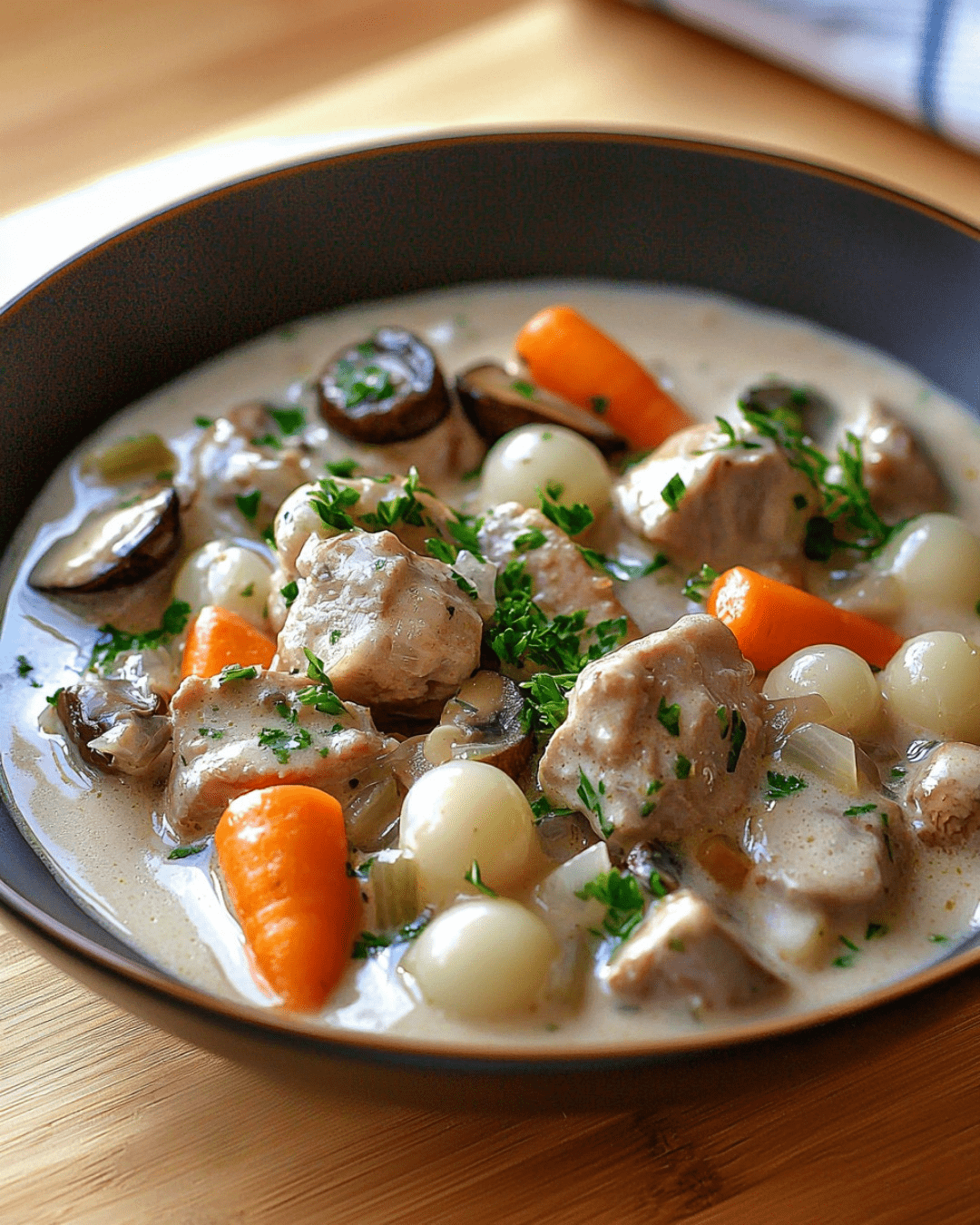 Blanquette de veau classique, plat français traditionnel avec légumes et sauce crémeuse.