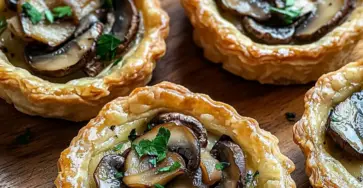 Mini tartelettes aux champignons et chèvre, dorées et garnies d'herbes fraîches