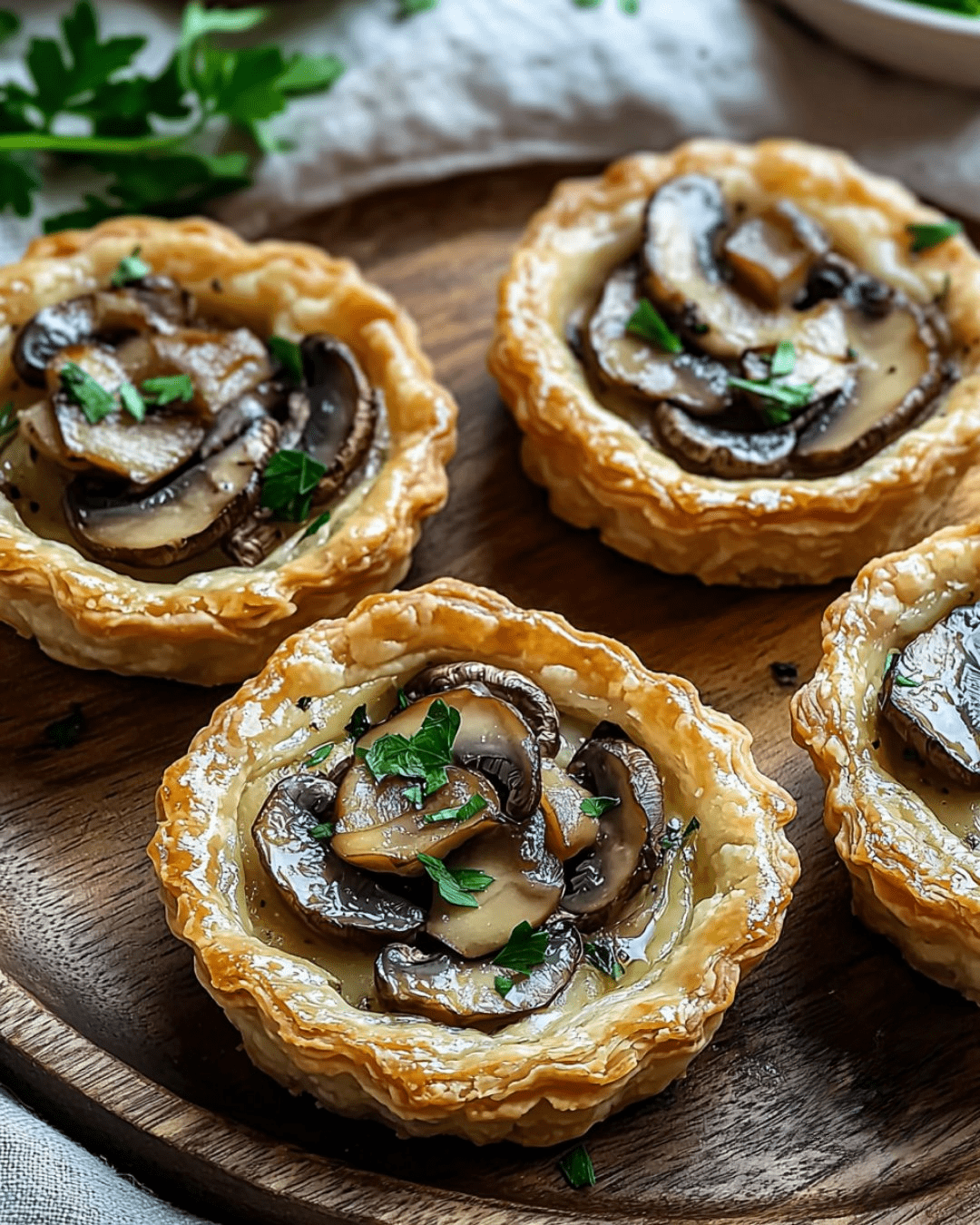 Mini tartelettes aux champignons et chèvre, dorées et garnies d'herbes fraîches