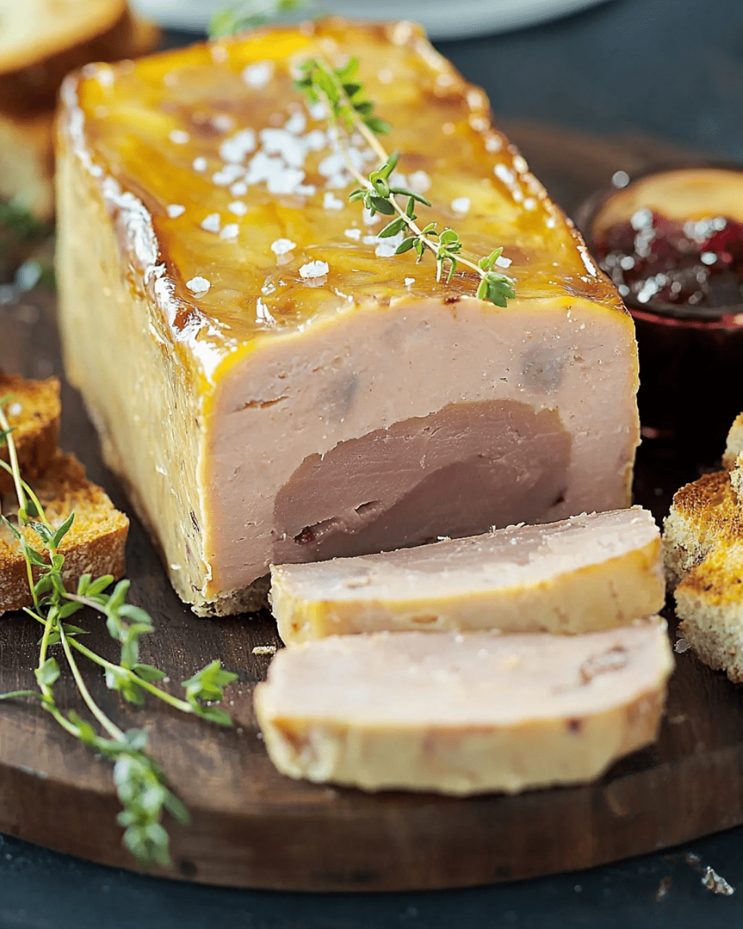 Terrine de foie gras maison, élégante et prête à être servie avec des croûtons dorés.