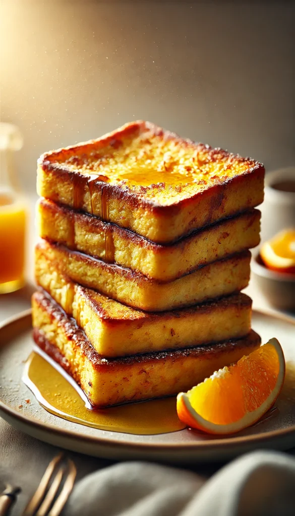 Pain perdu doré et croustillant avec sucre glace et fruits frais.