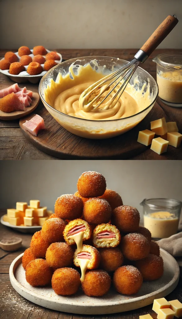 Croquettes croustillantes au lait dorées et garnies de fromage et jambon.