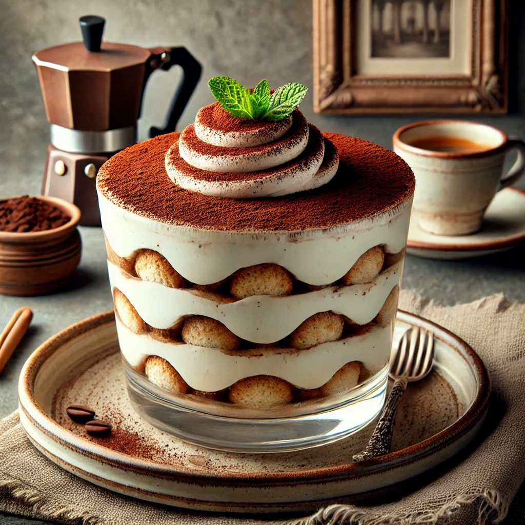 Recette traditionnelle de tiramisu italien avec mascarpone, café et cacao.