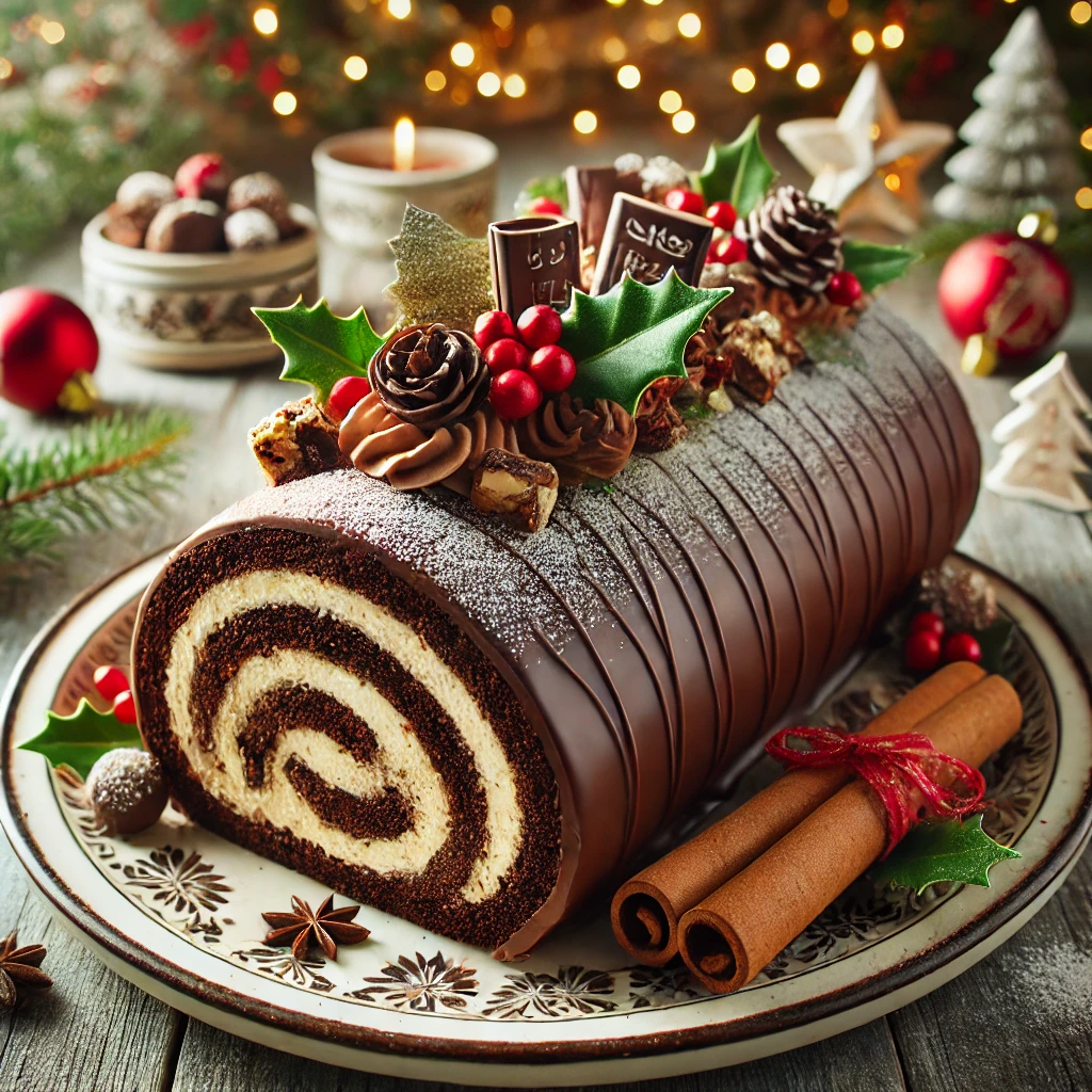 Bûche de Noël chocolat praliné garnie de copeaux de chocolat.