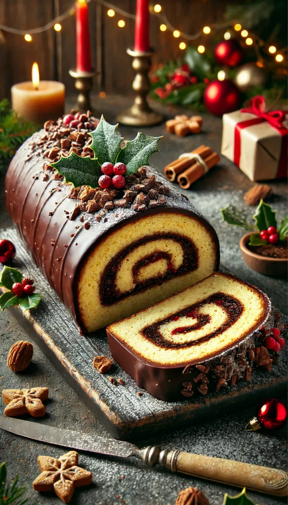 Bûche de Noël chocolat praliné garnie de copeaux de chocolat