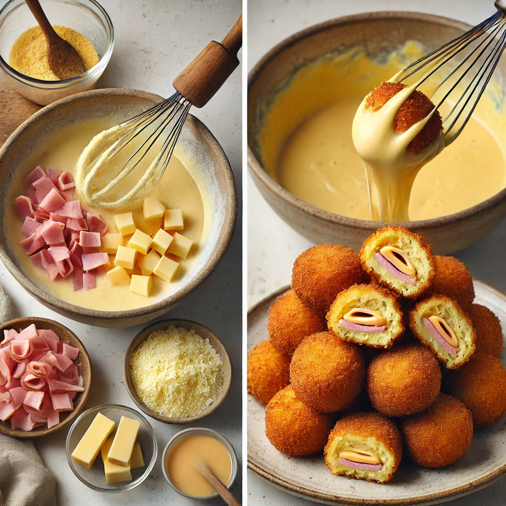 Croquettes croustillantes au lait dorées et garnies de fromage et jambon.