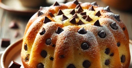 Kouglof doré aux pépites de chocolat saupoudré de sucre glace.