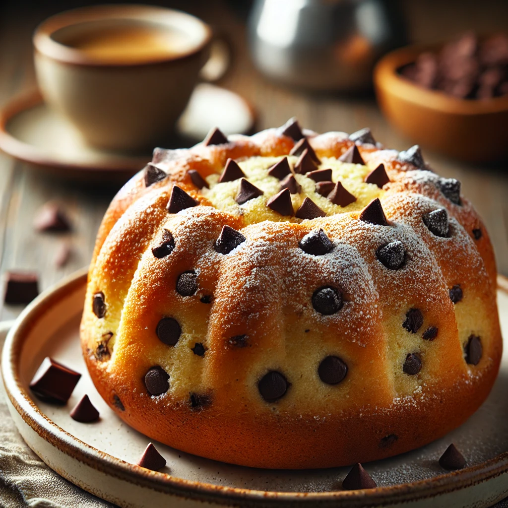 Kouglof doré aux pépites de chocolat saupoudré de sucre glace.