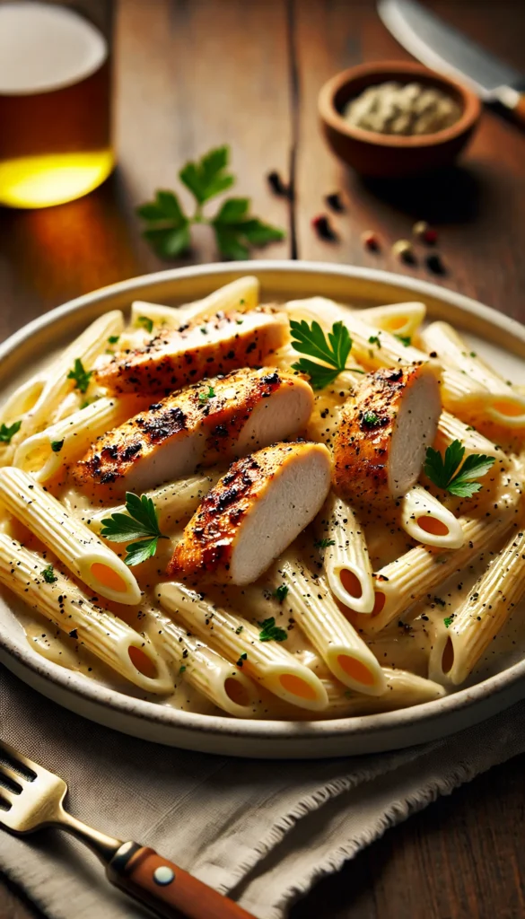 Plat crémeux de pâtes au poulet à l’ail et au parmesan gratiné au four