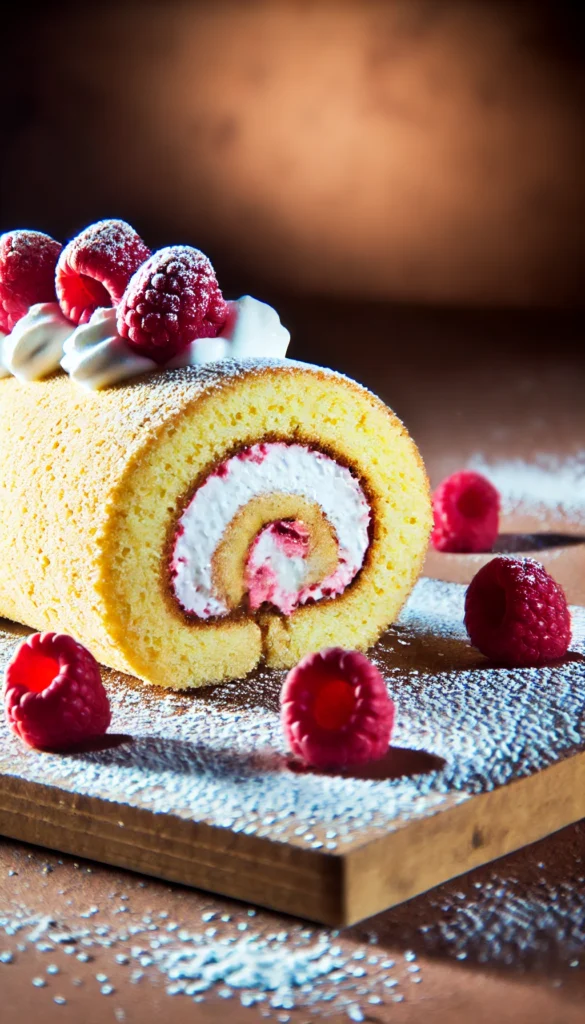  Gâteau roulé suisse maison garni de confiture et saupoudré de sucre glace