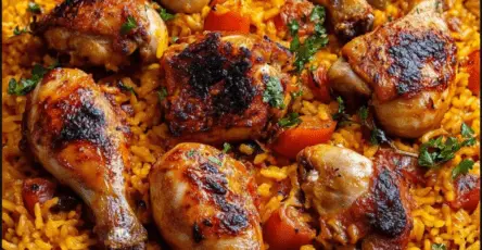 Paella au Poulet dorée avec des morceaux de poulet et légumes colorés